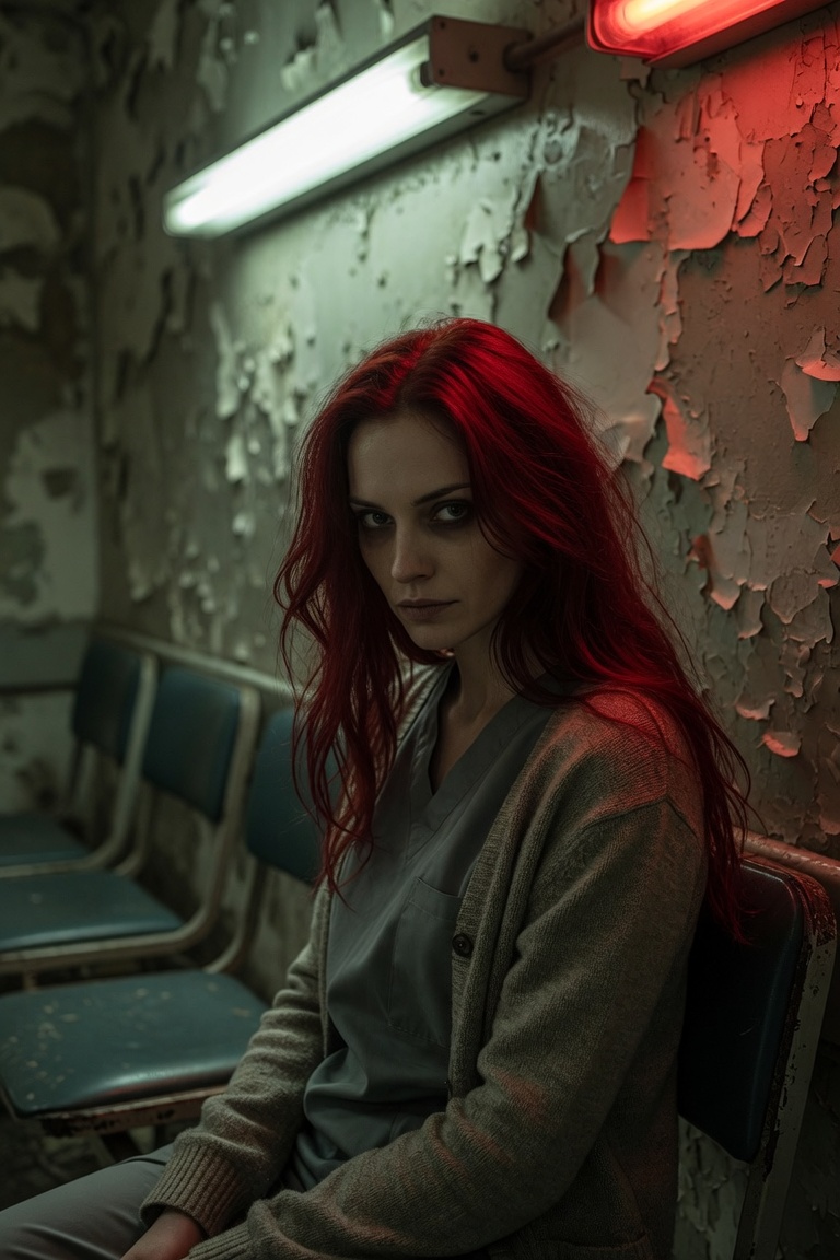A red-haired woman in a cardigan sits at the end of a row of empty ward chairs, under a white light and a red one.
